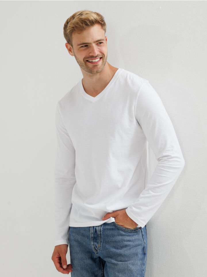 חולצה ארוכה דקה צווארון וי 100% כותנה מנדפת זיעה