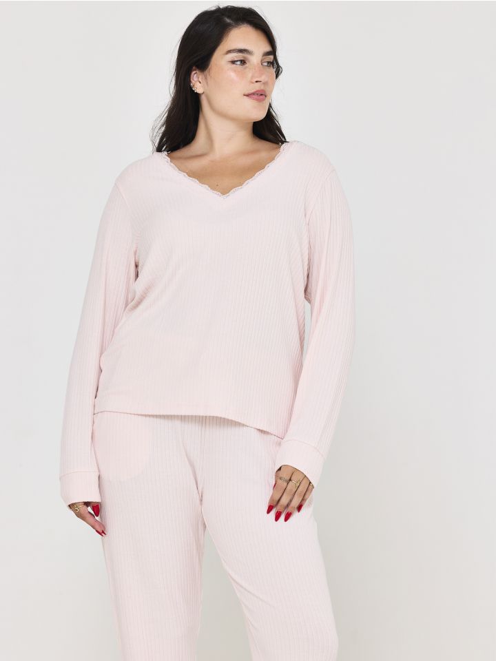 סט פיג’מה ריב בשילוב תחרה