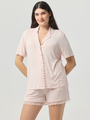 סט פיג’מה קצרה מכופתרת עם תחרה