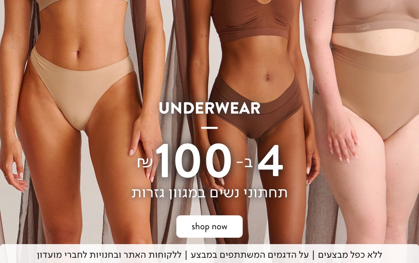 באנר פרסום תחתוני נשים 4 ב-100 ש"ח במגוון גזרות+ כפתור רכישה ללא כפל מבצעים על הדגמים המשתתפים במבצע ללקוחות האתר ובחנויות לחברי מועדון