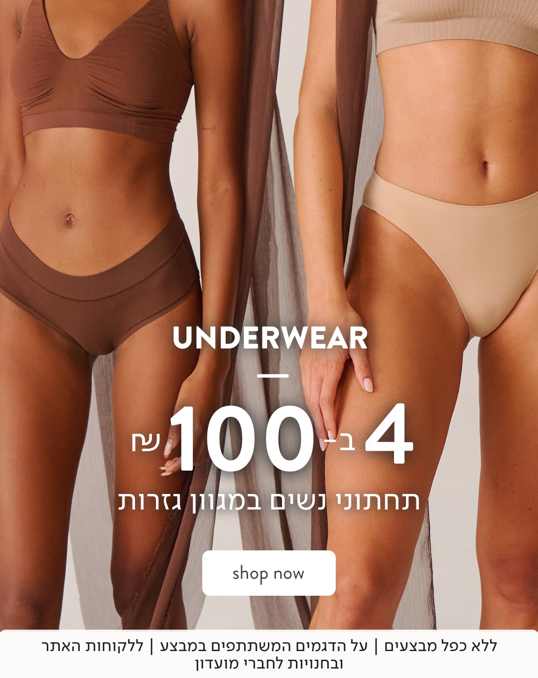 באנר פרסום תחתוני נשים 4 ב-100 ש"ח במגוון גזרות+ כפתור רכישה ללא כפל מבצעים על הדגמים המשתתפים במבצע ללקוחות האתר ובחנויות לחברי מועדון
