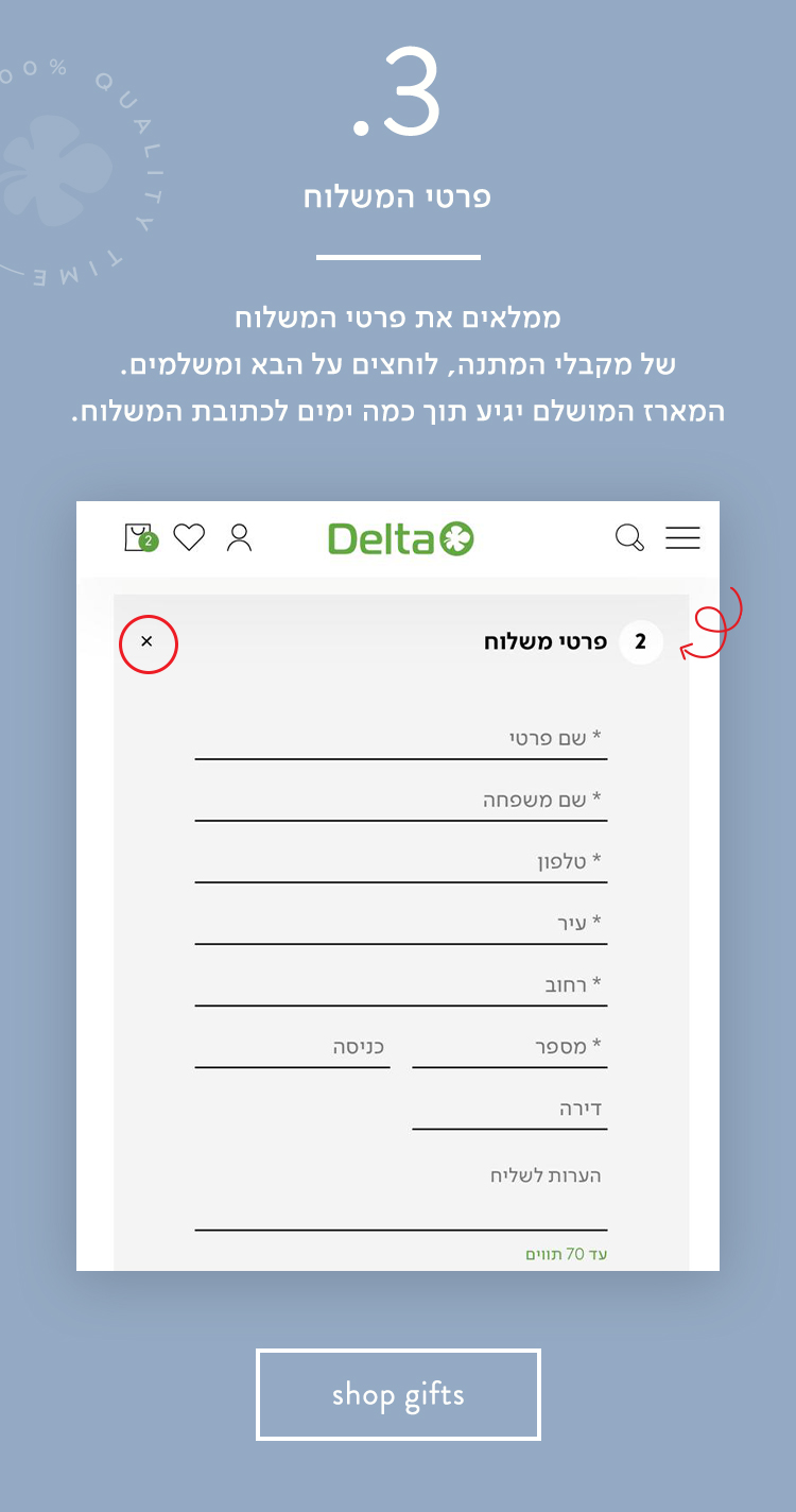 שלב 3: ממלאים את פרטי המשלוחשל מקבל המתנה לוחצים על הבא ומשלמים. וההזמנה בדרך